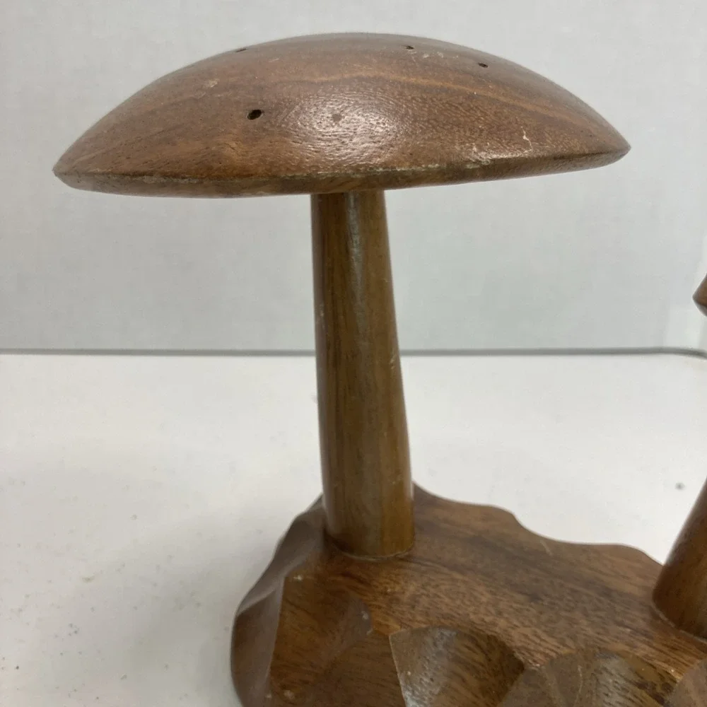 Vtg Mushroom MCM Monkey Pod Wood Tree Philippines 60s Appetizer Toothpick Holder